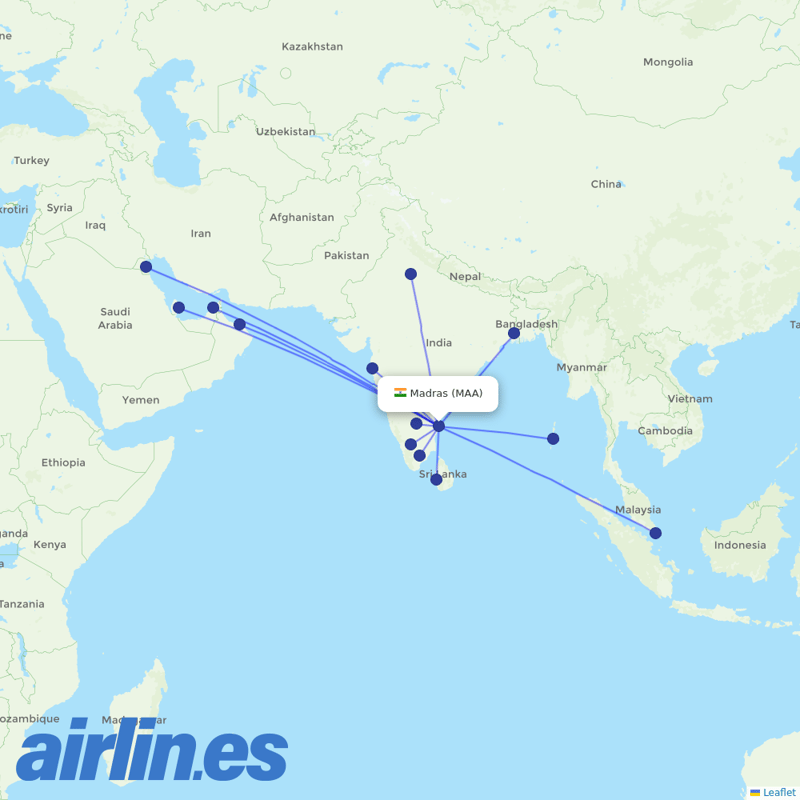 Air India from Chennai International destination map