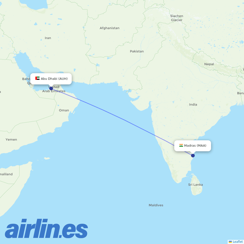 Etihad Airways from Chennai International destination map