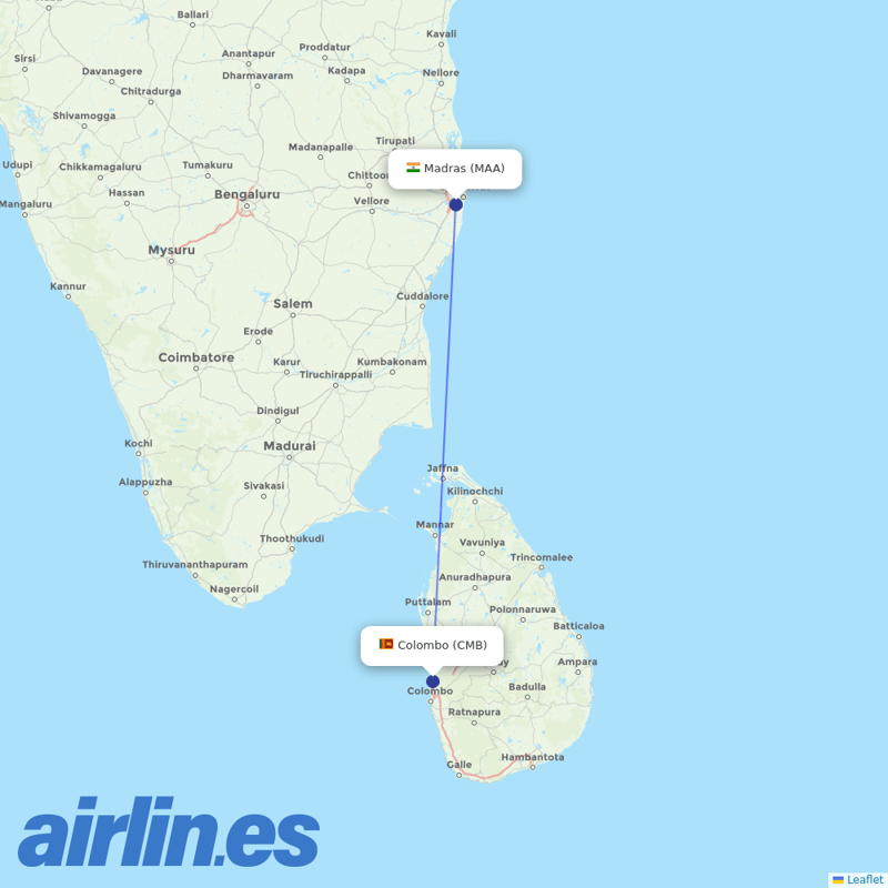 SriLankan Airlines from Chennai International destination map