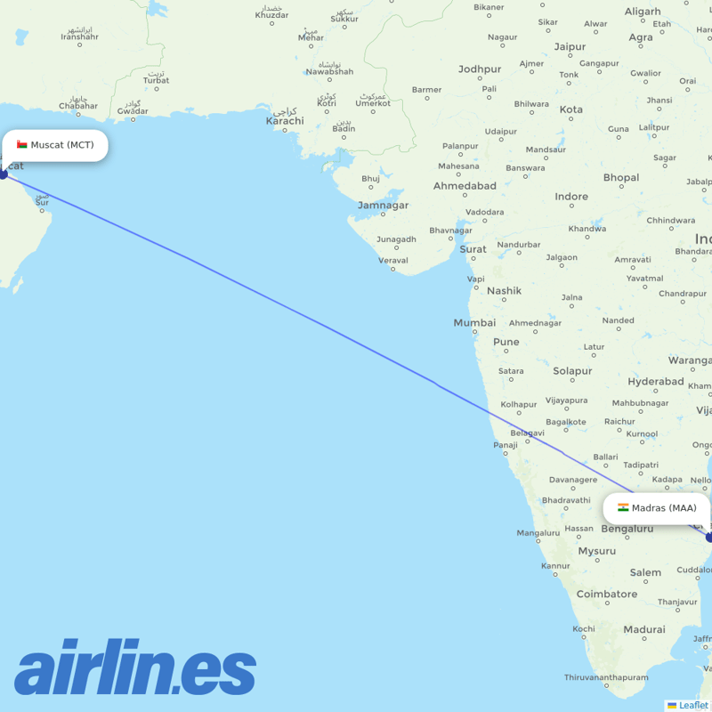 Oman Air from Chennai International destination map
