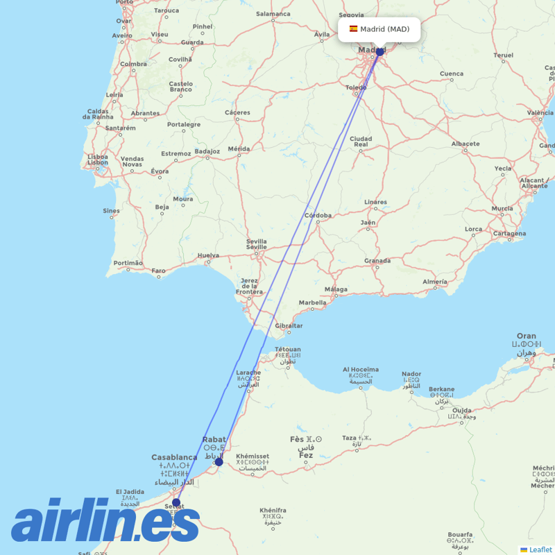 Royal Air Maroc from Barajas destination map