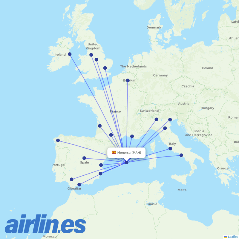 Ryanair from Menorca Airport destination map