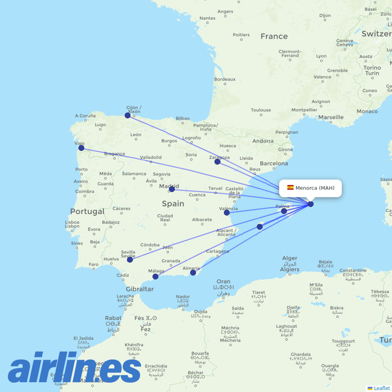 Iberia from Menorca Airport destination map