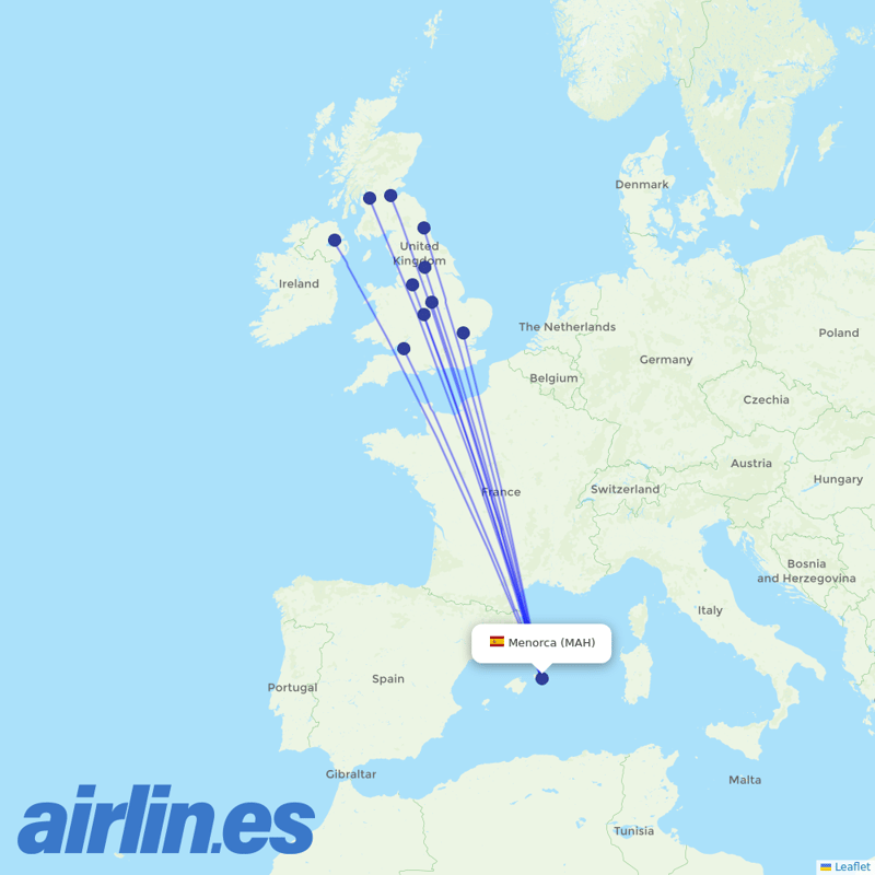 Jet2 from Menorca Airport destination map
