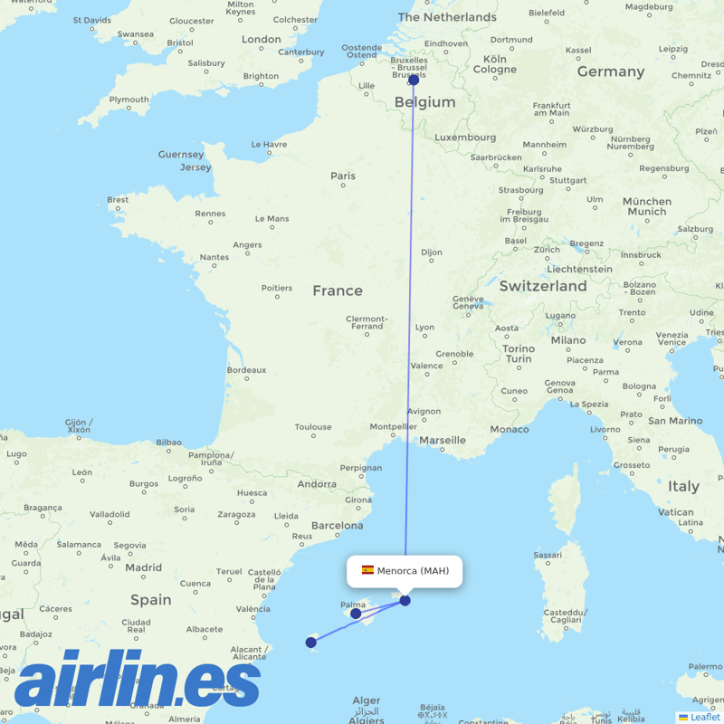 TUI Airlines Belgium from Menorca Airport destination map