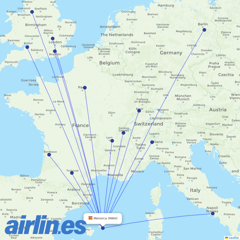 easyJet from Menorca Airport destination map