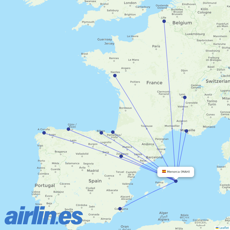 Volotea from Menorca Airport destination map