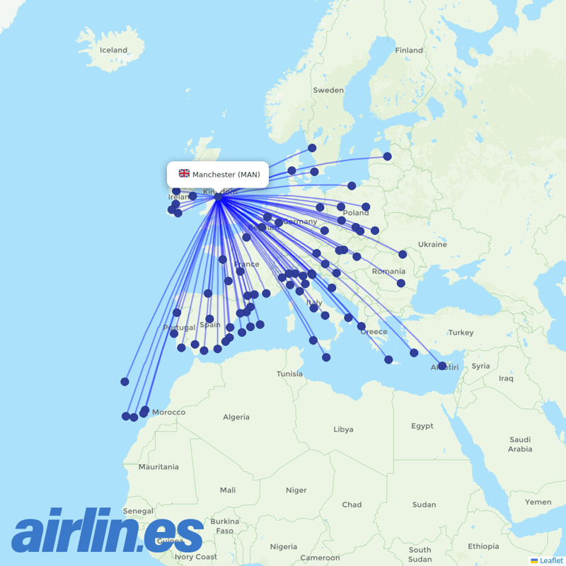 Ryanair from Manchester Airport destination map