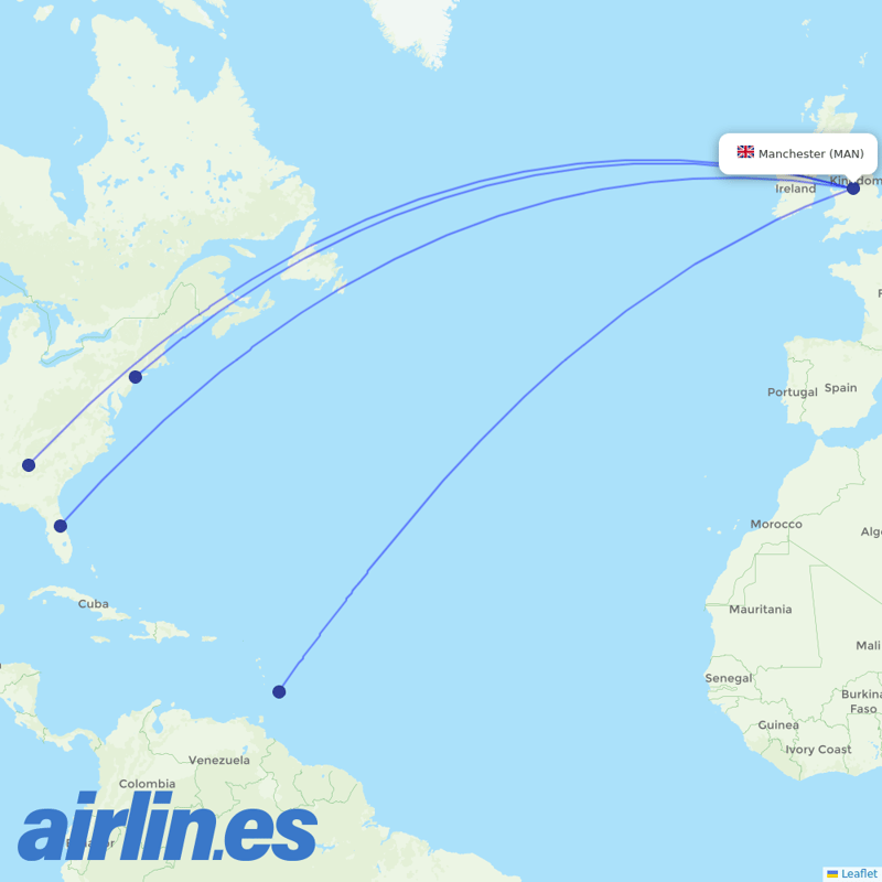 Virgin Atlantic from Manchester Airport destination map