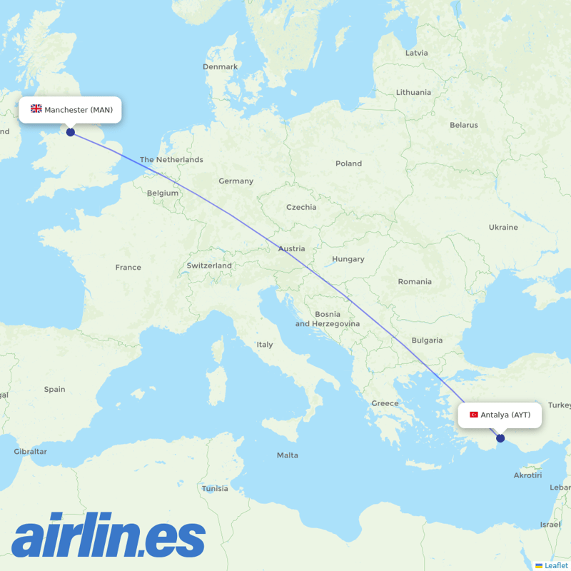 Corendon Airlines from Manchester Airport destination map