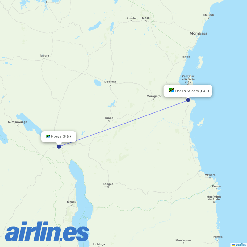 Precision Air from Mbeya Airport destination map
