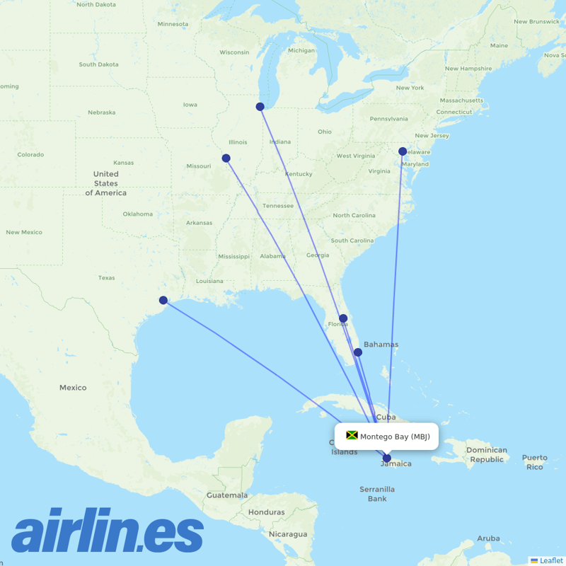Southwest Airlines from Sangster International destination map