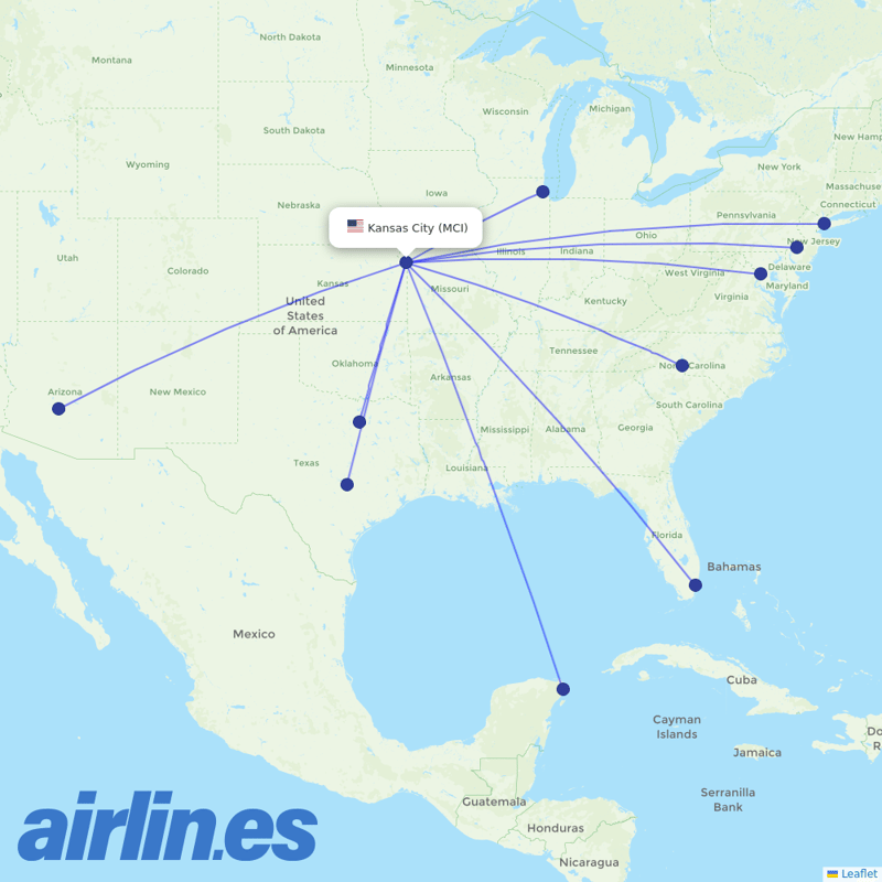 American Airlines from Kansas City International Airport destination map