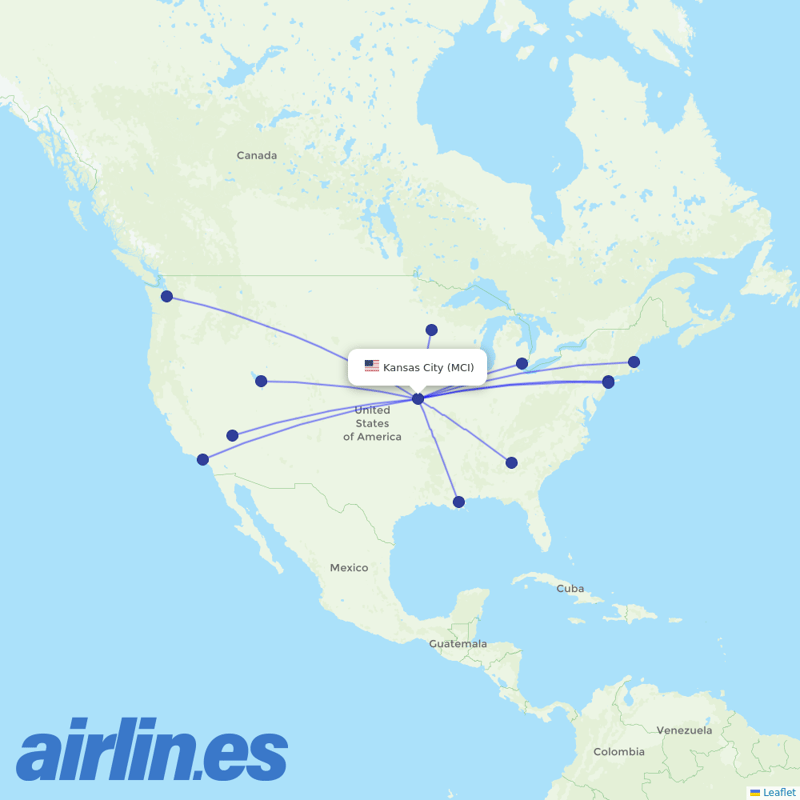 Delta Air Lines from Kansas City International Airport destination map