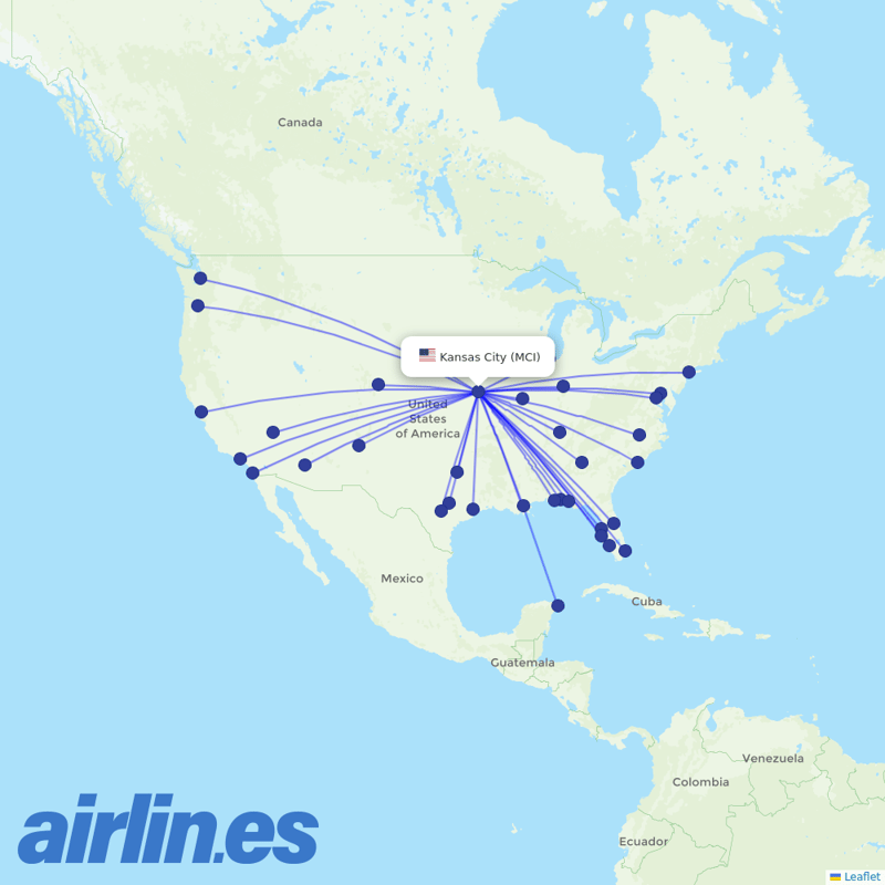 Southwest Airlines from Kansas City International Airport destination map
