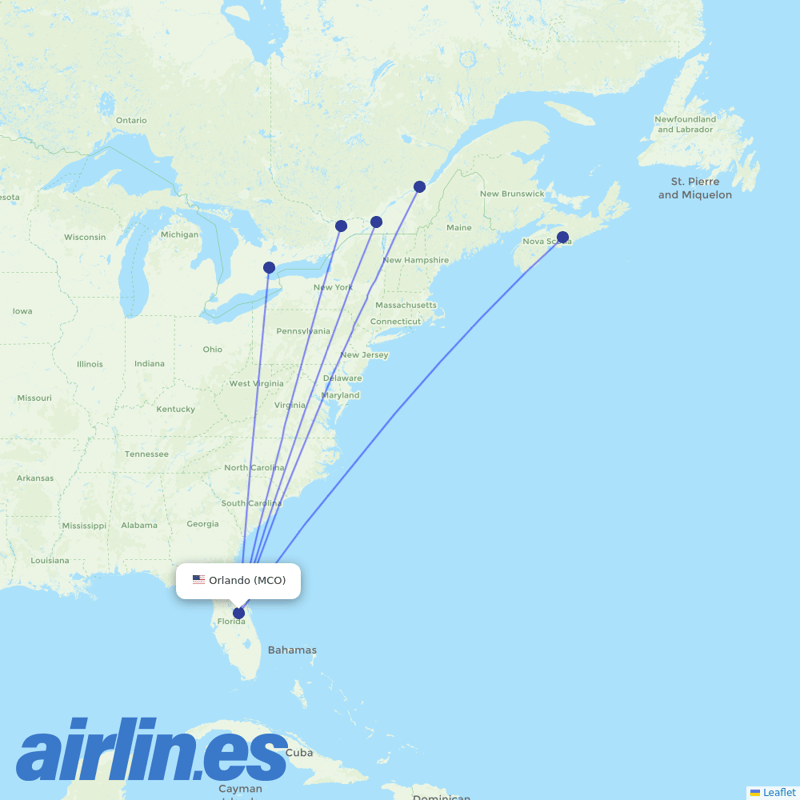 Air Canada from Orlando International destination map