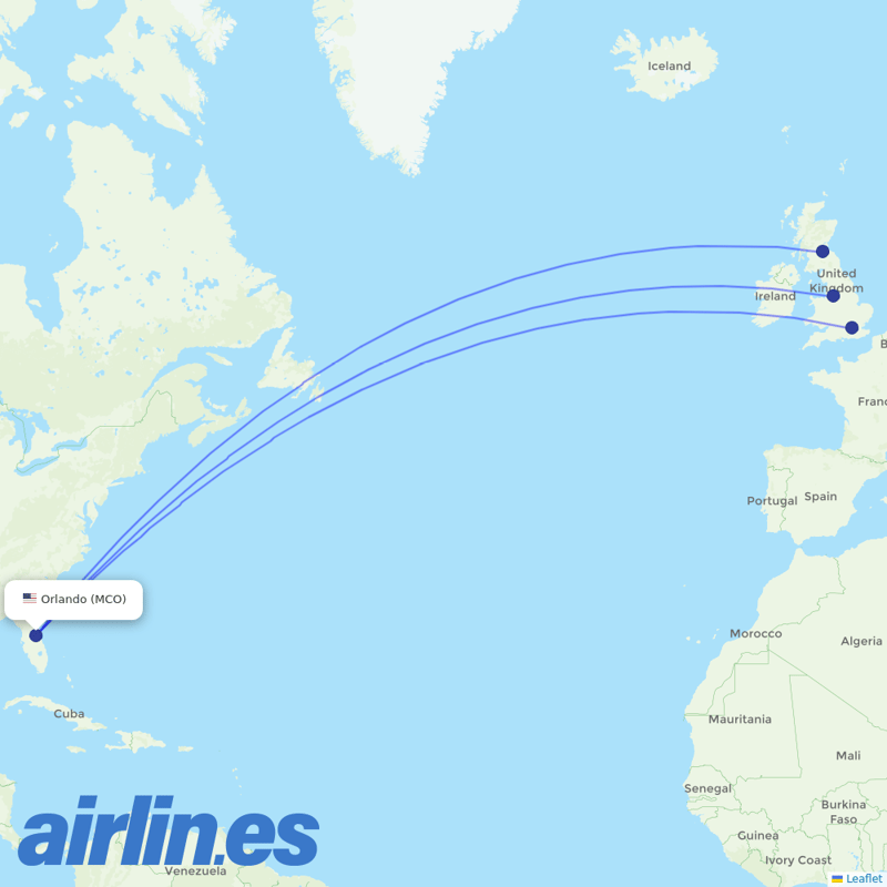 Virgin Atlantic from Orlando International destination map