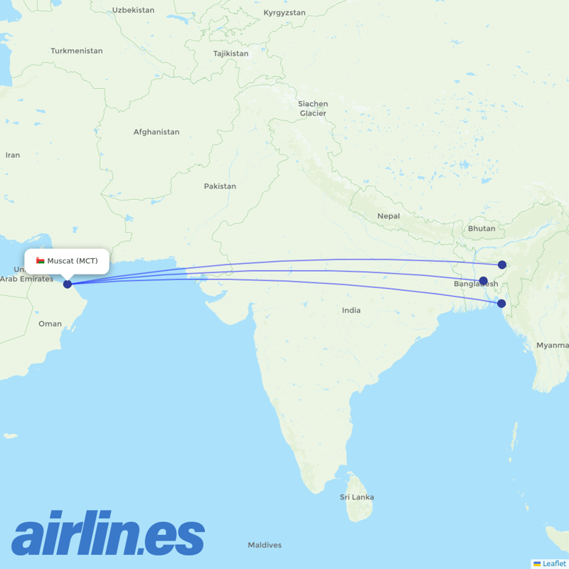Biman Bangladesh Airlines from Seeb International destination map