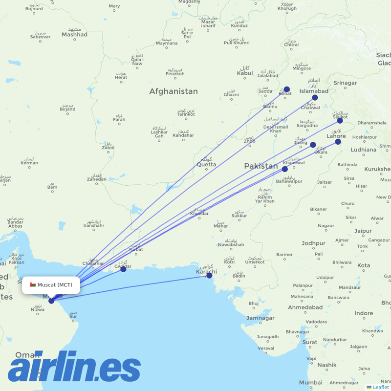 Pakistan International Airlines from Seeb International destination map