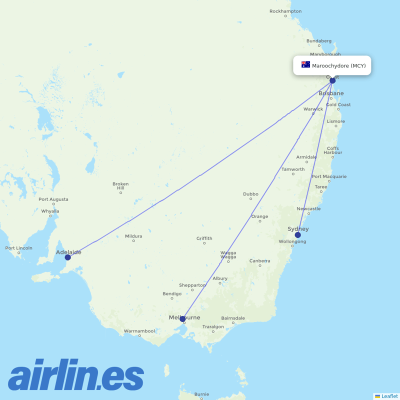 Jetstar from Maroochydore Sunshine Coast destination map