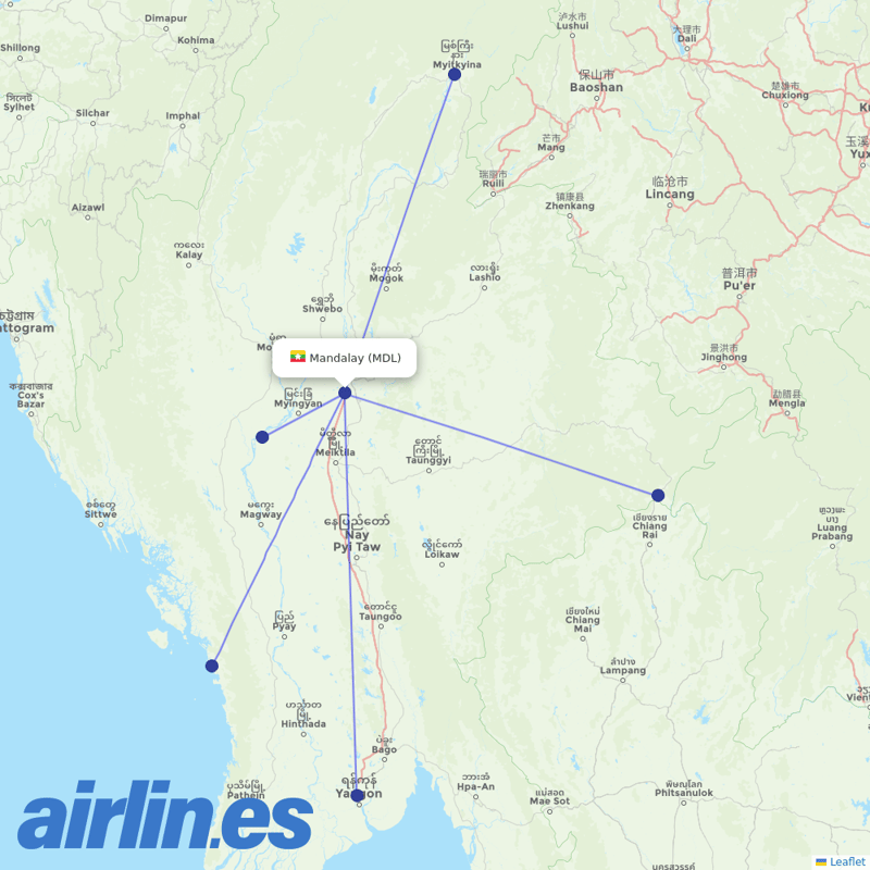 Mann Yadanarpon Airlines from Mandalay International destination map