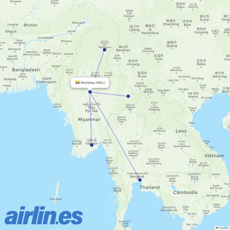 Myanmar Airways International from Mandalay International destination map