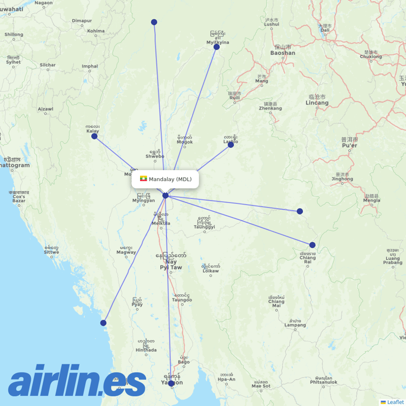 Air KBZ from Mandalay International destination map