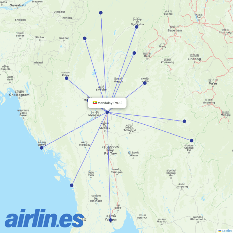 Myanmar National Airlines from Mandalay International destination map