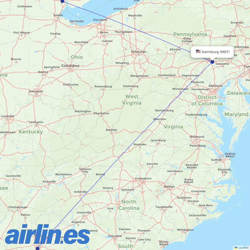 Delta Air Lines from Harrisburg International destination map