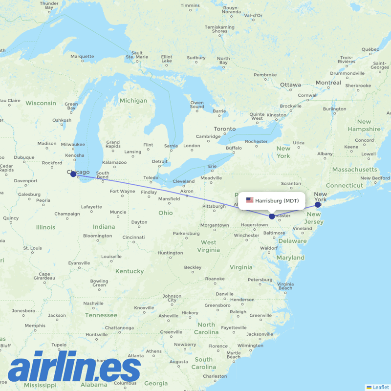 United Airlines from Harrisburg International destination map