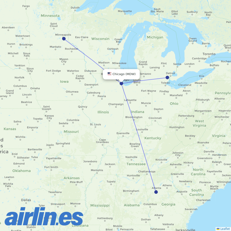 Delta Air Lines from Chicago Midway International destination map