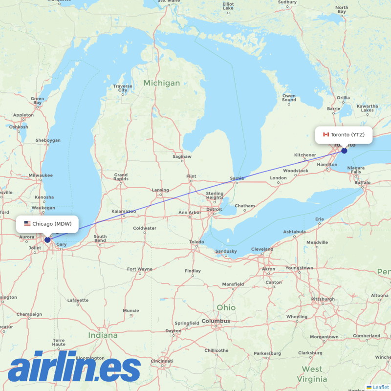 Porter Airlines from Chicago Midway International destination map