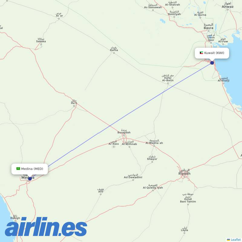 Jazeera Airways from Madinah destination map