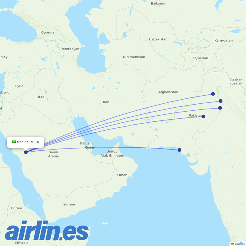Pakistan International Airlines from Madinah destination map