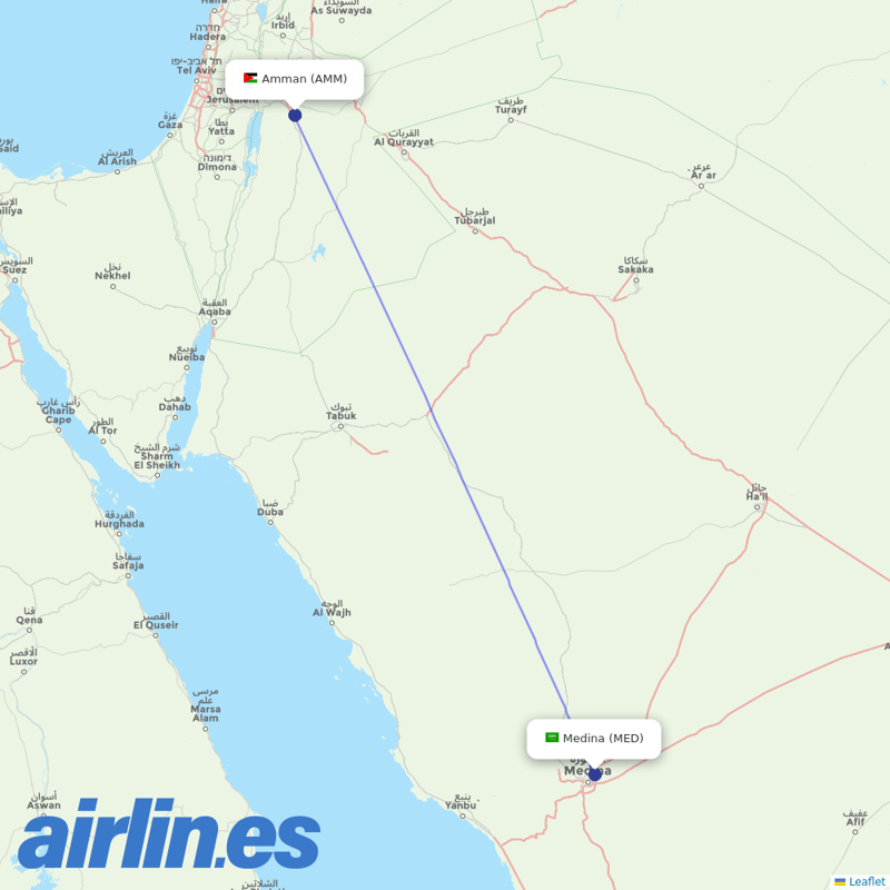 Royal Jordanian from Madinah destination map