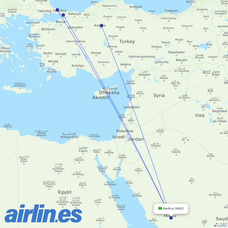 Turkish Airlines from Madinah destination map