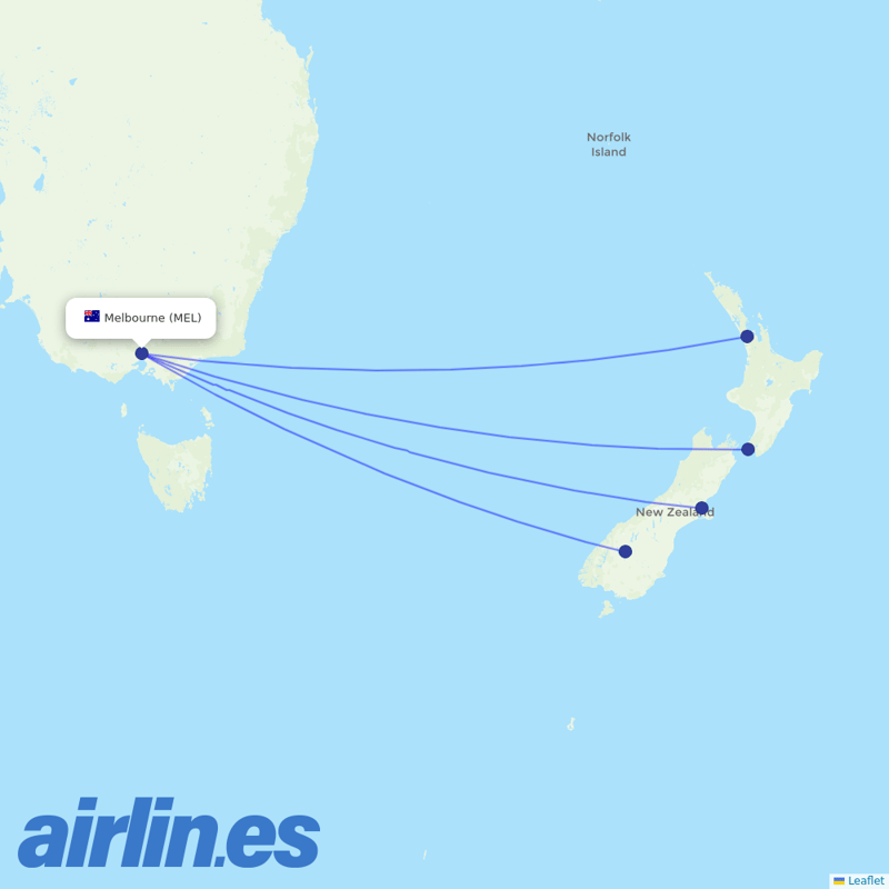 Air New Zealand from Melbourne International destination map