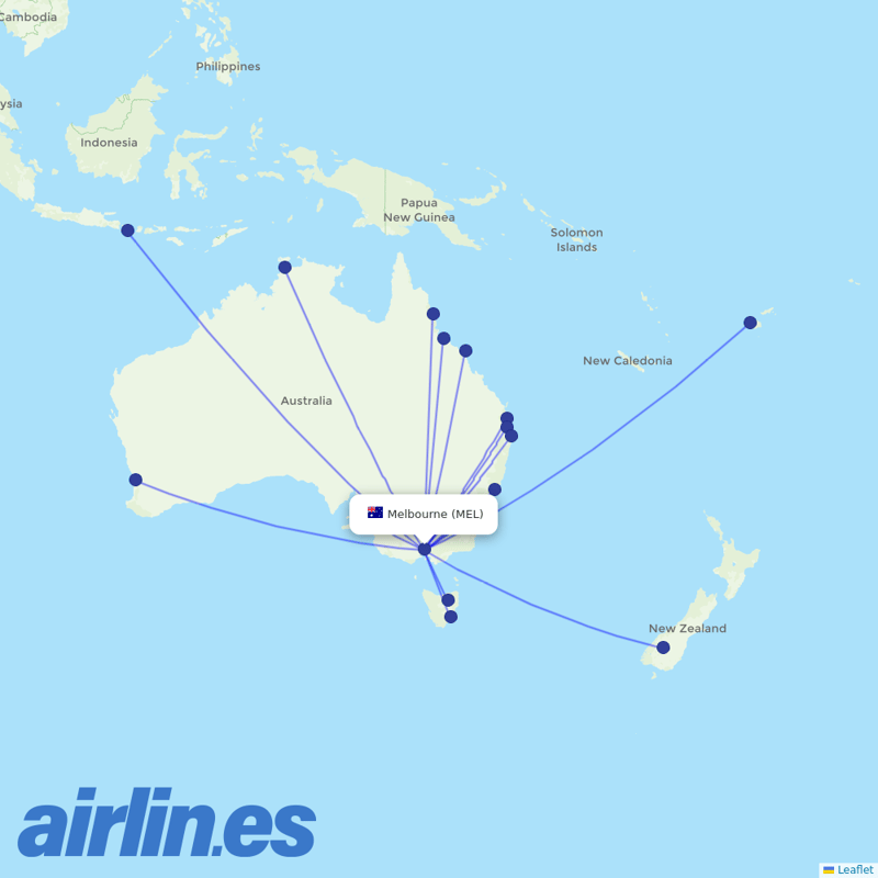 Virgin Australia from Melbourne International destination map