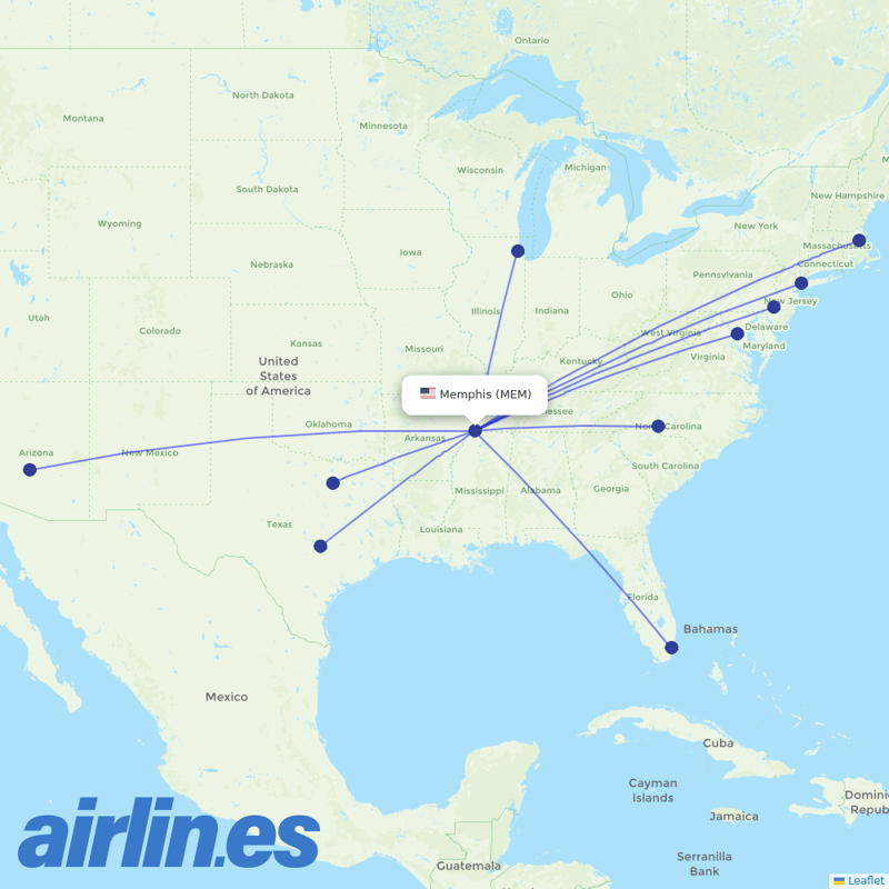 American Airlines from Memphis International destination map