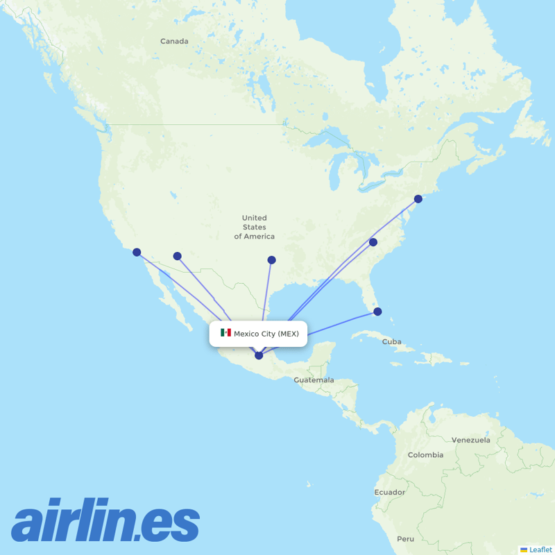 American Airlines from Mexico City International Airport destination map