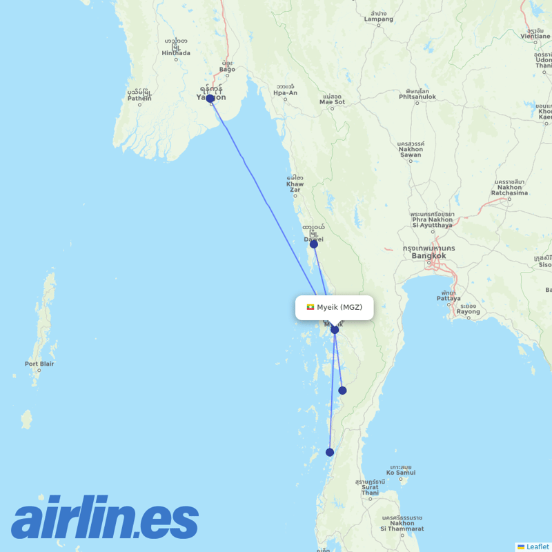 Myanmar National Airlines from Myeik destination map