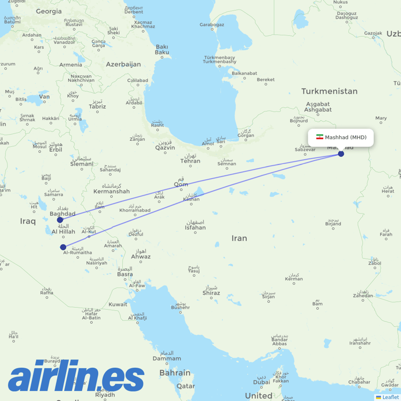 Iraqi Airways from Mashhad destination map