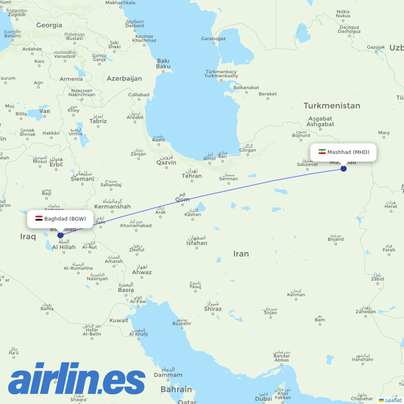 Fly Baghdad from Mashhad destination map