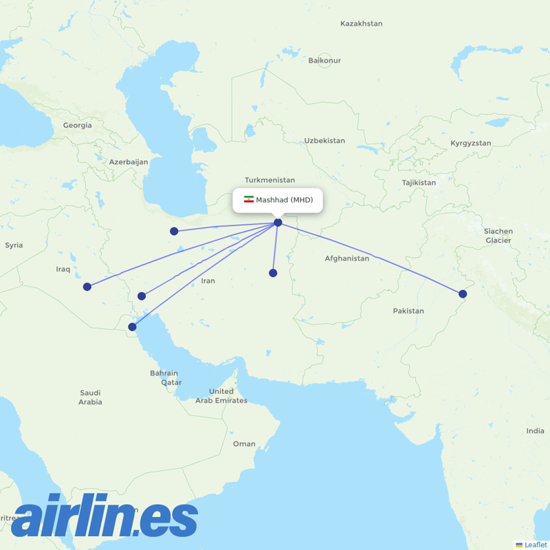 Iran Air from Mashhad destination map
