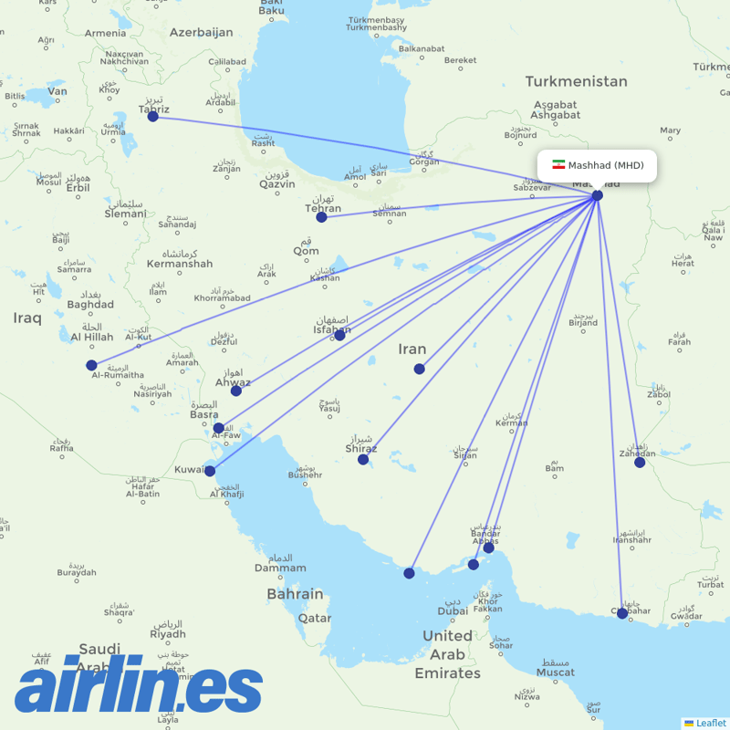AIS Airlines from Mashhad destination map