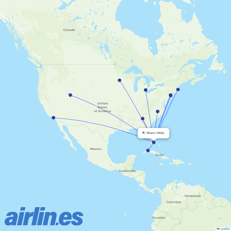 Delta Air Lines from Miami International destination map