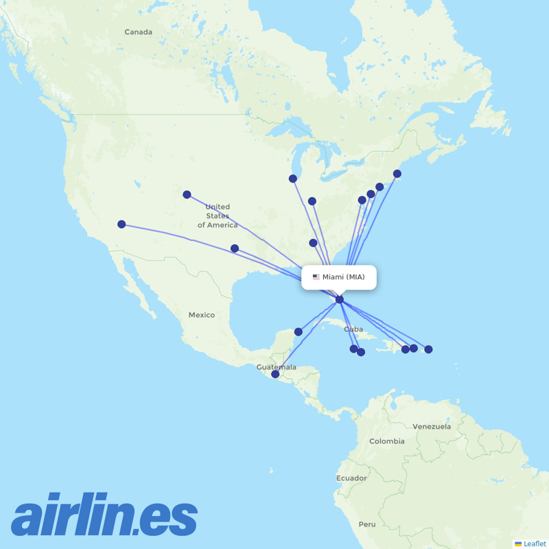 Frontier Airlines from Miami International destination map