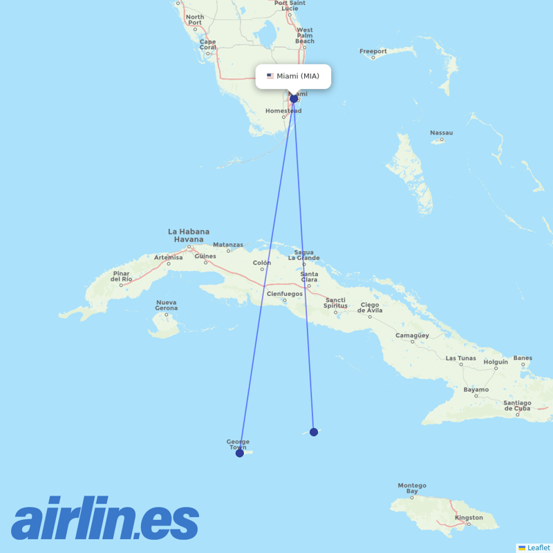 Cayman Airways from Miami International destination map
