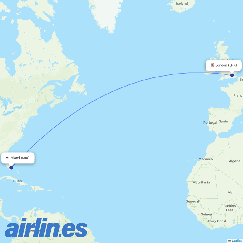 Virgin Atlantic from Miami International destination map