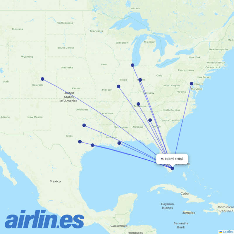 Southwest Airlines from Miami International destination map